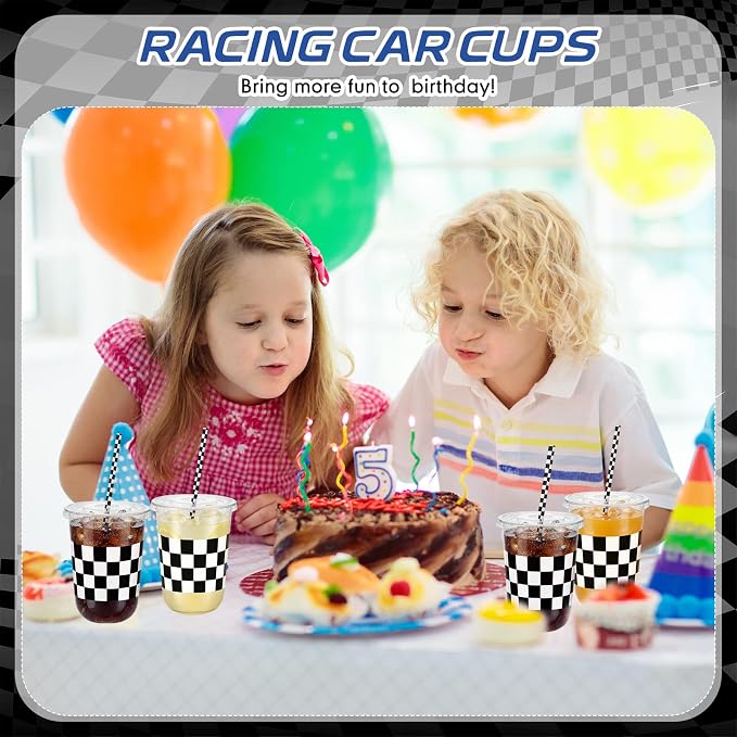 LemonRoad 50sets 16oz Checkered Cups Race Car Birthday Party Decorations Supplies Plastic Cups Disposable with Lids and Straws for Racing Themed Party Christmas Birthday Wedding Baby Shower Decoration