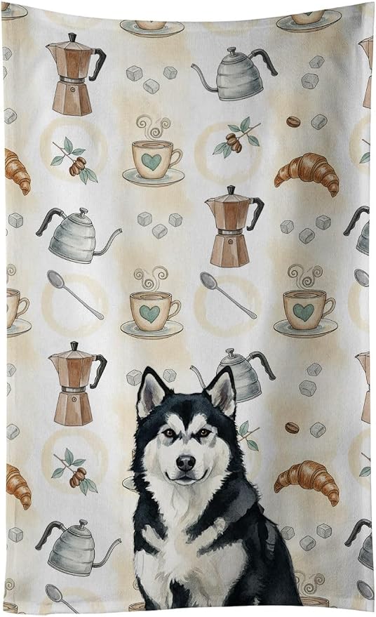 Caroline's Treasures Black and White Alaskan Malamute Coffee Bar Kitchen Towel Velour Plush Front and Cotton Loop Back Machine Washable
