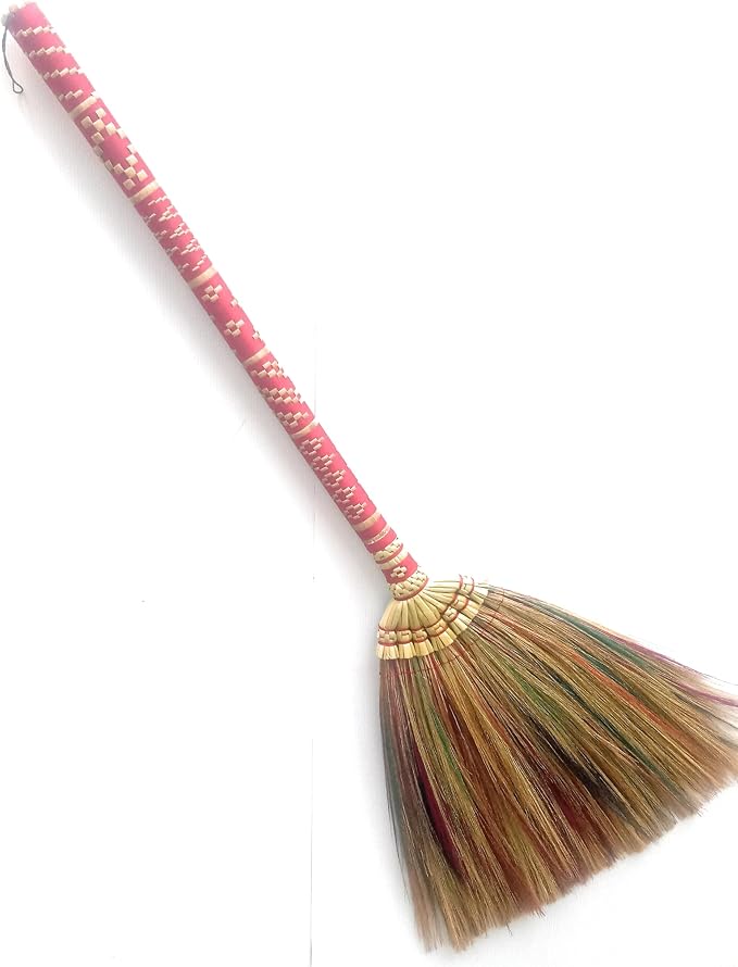Natural Grass Broom Thai Vintage Retro Handmade Broom, Housewarming Gift, Witch Broom, Thai Broom, Broomstick, Bamboo Stick Embroidered Nylon Handle, Kong Grass Broom, Thick Broomstick