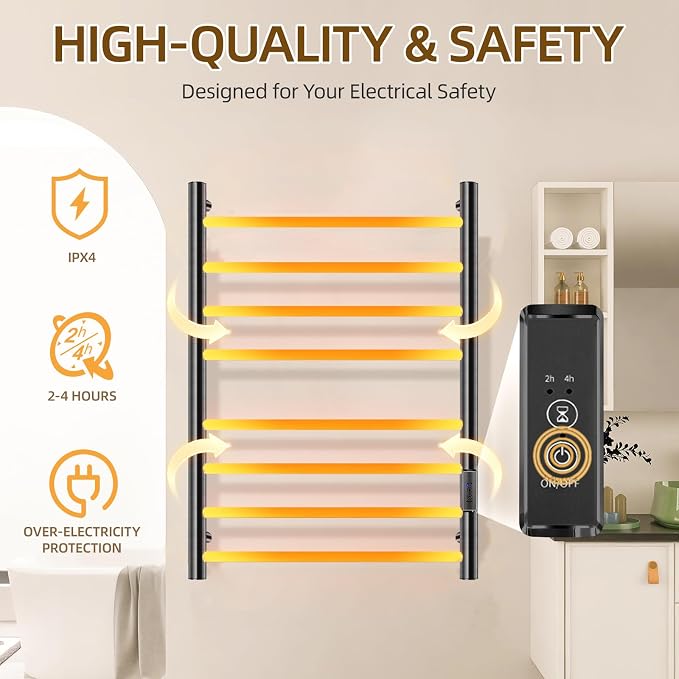Towel Warmers for Bathroom, Electric Heated Towel Rack Wall Mounted, Hot Storage Rack with Built-in Timer, Stainless Steel, 8 Bars, Plug-in, Fast Heating, Black