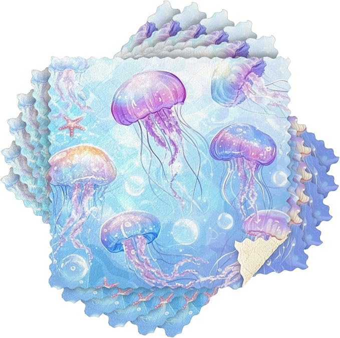 Marine Jellyfishes Starfish and Bubbles Kitchen Towels Dish Cloths Set of 6 Microfiber Cleaning Cloths for Cars Super Absorbent Machine