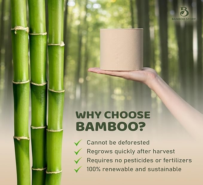 Bamboo Story, Bamboo Toilet Paper Unbleached, 6 Rolls, 3 Ply and 350 Sheets Bamboo Toilet Tissue - FSC Certified, Biodegradable, Chemical Free, Plastic Free, BPA Free, Septic Safe Toilet Paper