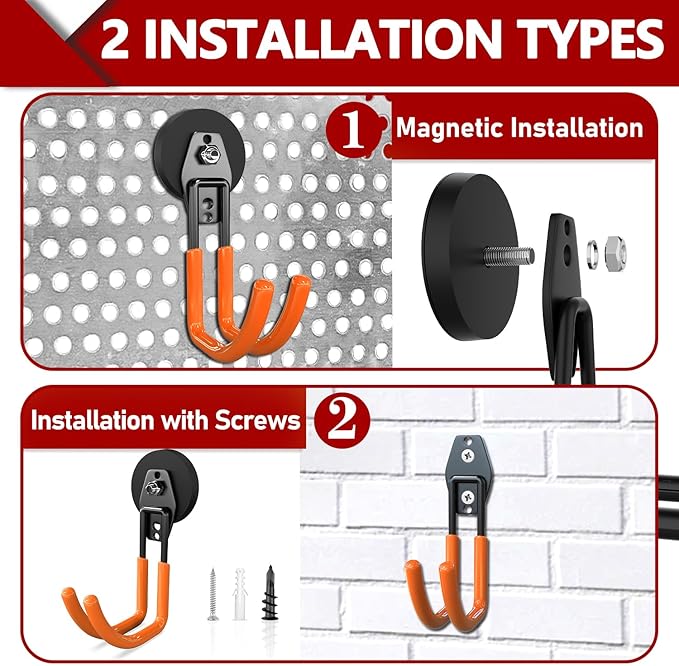 3-H Extra Strong Magnetic Hooks,Heavy Duty Large Anti-Slip Magnet Hooks J Shape,No-Drill Tool Holder for Garage,Power Drill,Garden Tools,Hose Storage,4 Pack Orange