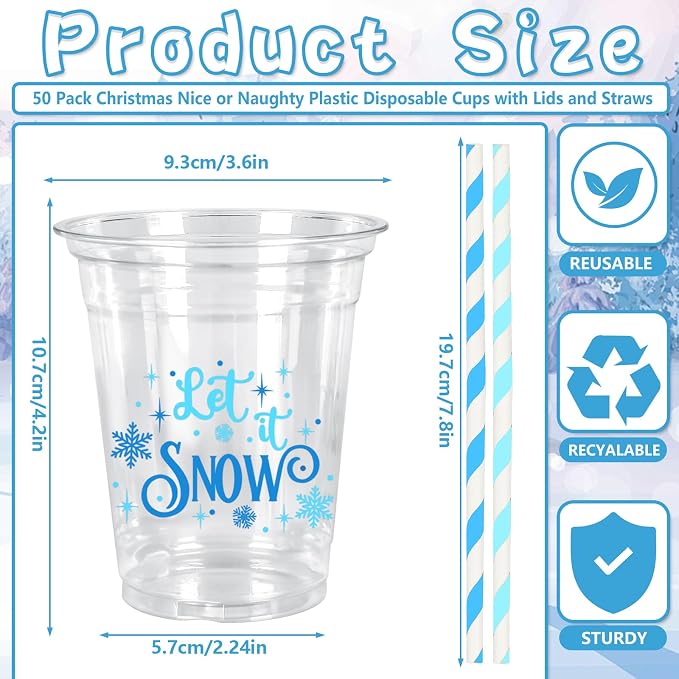JarThenaAMCS 50Pcs Winter Christmas Plastic Cups with Lids & Straws Blue Snowflake 12Oz Disposable Clear Cold Beverage Ice Coffee Drinking Cups for Xmas Home Party Supplies