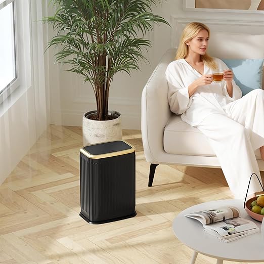Bathroom Trash Can with Lid 8L/2.1 Gallon Black Trash Can Small Garbage Can with Press Top Lid Slim Stainless Steel Garbage Can with 100 Counts Trash Bags for Bathroom Bedroom Kitchen Office Toilet