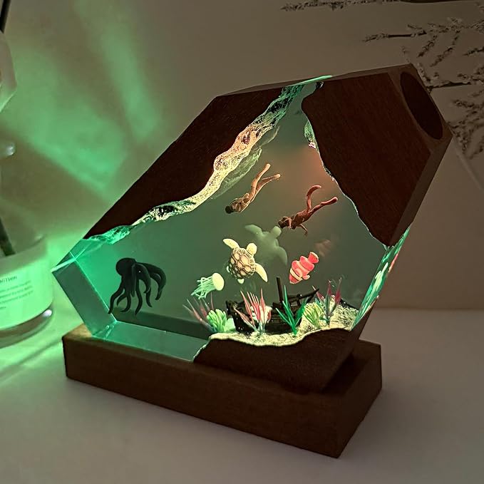 Handcrafted Octopus Resin Lamp, RGB Ocean Night Light with Wooden Base,Ocean Decor for Home Office, Scuba Diving Gifts for Him & Her, Unique Birthday & Valentine's Day Gifts (L 10"X6")