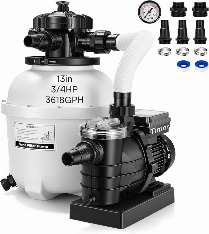 VIVOHOME 13 in Sand Filter Pump for Above Ground Pool, 0.75 HP 3618 GPH, Swimming Pool Filter System with 24H Timer & 6-Way Valve, High-Efficiency Filtration for Pools Up to 15,000 Gallons