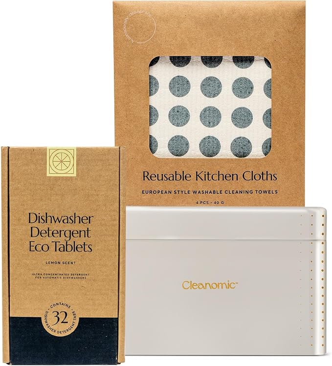 CLEANOMIC Reusable Kitchen Cloth, Dishwasher Pods & Tablet Tin Bundle
