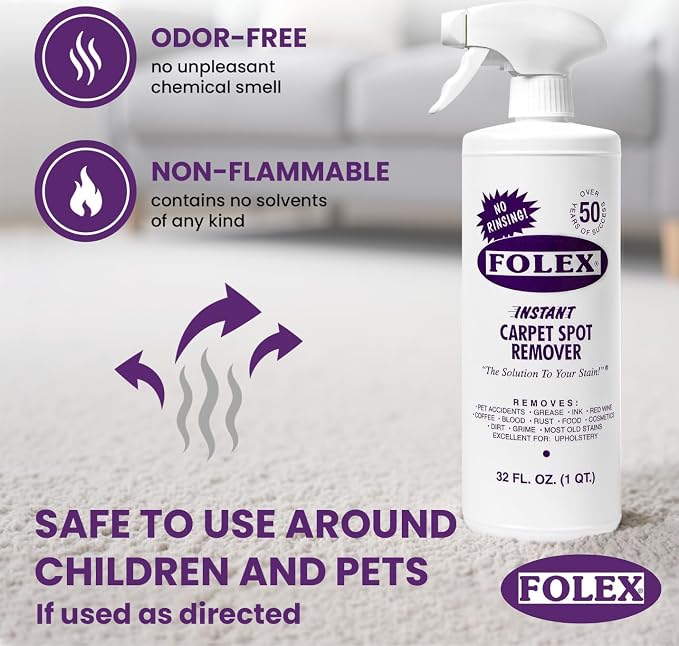 FOLEX Instant Carpet Spot Remover 32 oz – Powerful Stain Remover for Carpets, Upholstery & Rugs – Eliminates Pet Stains, Grease, Red Wine, Food, Makeup & More – With Reusable Cleaning Cloth - 6 Pack