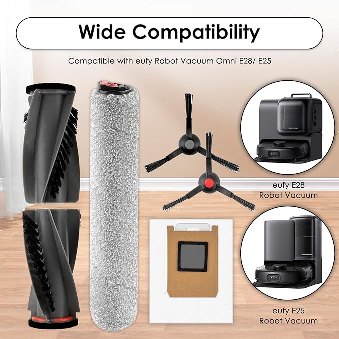 (8 Pack) E28 E25 Omni Replacement Parts Compatible with Eufy E28 Omni/ E25 Omni Robotic Vacuum Cleaner, 2 Roller Brushes, 2 Brush Rollers, 2 Side Brushes, 2 Dust Bags, Accessories Kit