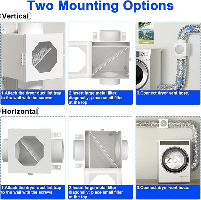 Dryer Duct Lint Trap, Metal Indoor Dryer Vent Box with 4inch 5FT Dryer Vent Hose, 2 Clamps, 2 Stainless Steel Mesh, Secondary Lint Trap for Electric Clothes Dryers -Complete Dryer Vent Cleaning System
