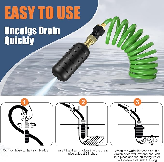 3 Pcs Drain Bladder Kit, Drain Cleaning Bladder Fits 1" to 6" Pipes, with 10 ft Retractable Hose, Shut-Off Valve & Brass Faucet Adapter Fits Most Faucets– For Sinks, Showers, Pools & Drains (Green)
