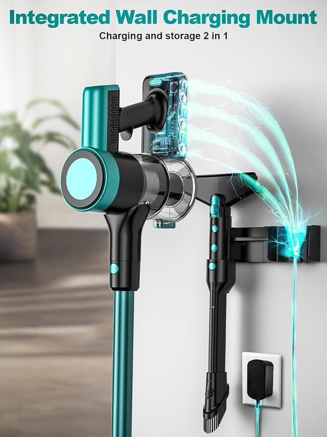 Cordless Vacuum Cleaner, 58Kpa 10 in 1 Vacuum Cleaners for Home, 55Mins Stick Vacuum with Self-Standing & LED Display, Anti-Tangle & Wall Mount Charging (Cyan)