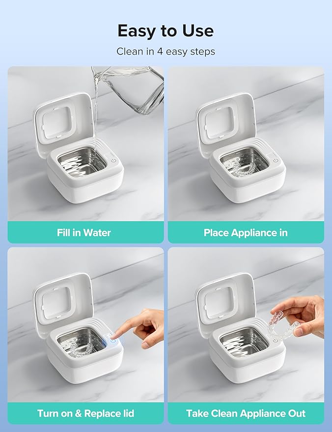 Ultrasonic Retainer Cleaner, Rechargeable Retainer Cleaner Machine, 50kHz Ultrasonic Cleaner for Night Guards, Mouth Guards, Dentures, Braces, Aligner, 170ML, 2 Modes