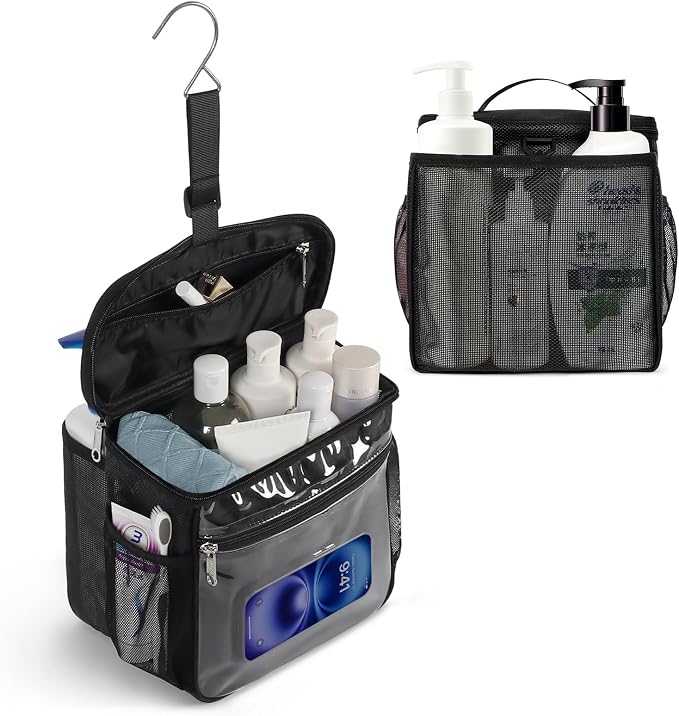 Bukere Shower Caddy Mesh Tote Bag, Portable College Dorm Room Essentials, Large Capacity Separate Compartment Quick Dry Mesh, Hanging Toiletry Organizer Bag for Student, Bathroom, Gym, Travel, Camping