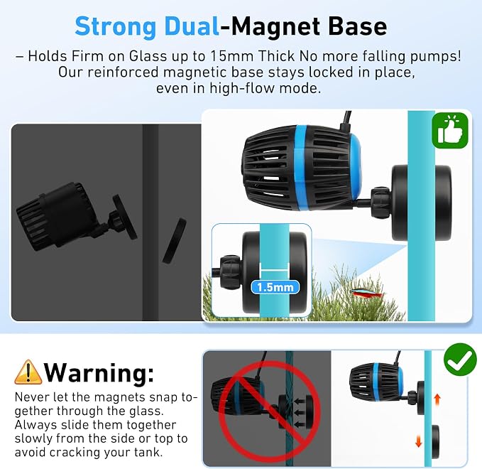 AQQA Magnetic Wave Maker for Aquarium - DC 12V Circulation Pump with External Controller, 4-Speed Adjustable Flow & Feeding Mode, Submersible Powerhead for Freshwater Saltwater Tanks (12W 1320GPH)