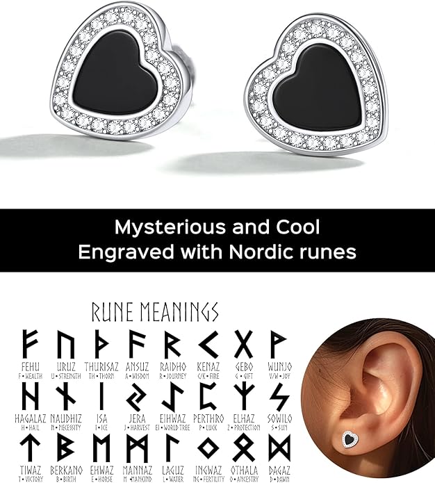 ChicSilver 925 Sterling Silver Viking Rune Natural Black Onyx Stud Earrings For Women Men