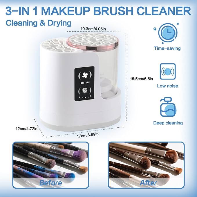 3 in 1 Makeup Brush Washer Electric Makeup Brush Cleaner Machine & Dryer & Holder Combined, Portable USB Deep Cleaning for All Size Beauty Makeup Brush Set and Sponges Efficient Wash & Dry