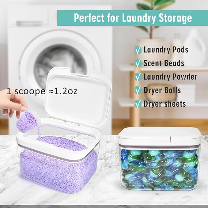 Pensino Laundry Pods Container Holder with Lid, Laundry Room Storage Container for Detergent Pods Laundry Powder Scent Booster Container with Scoop