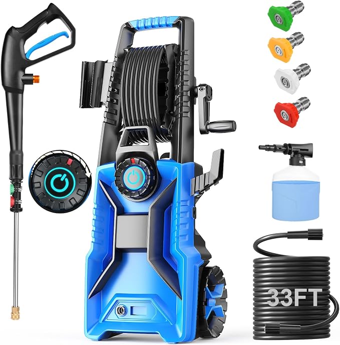 Electric Pressure Washer,5000 PSI 3.6GPM Adjustable Pressure,Power Washer Electric Powered with Foam Cannon,4 Nozzle,33FT Hose and Soap Bottle for Home/Cars/Fences (Blue)