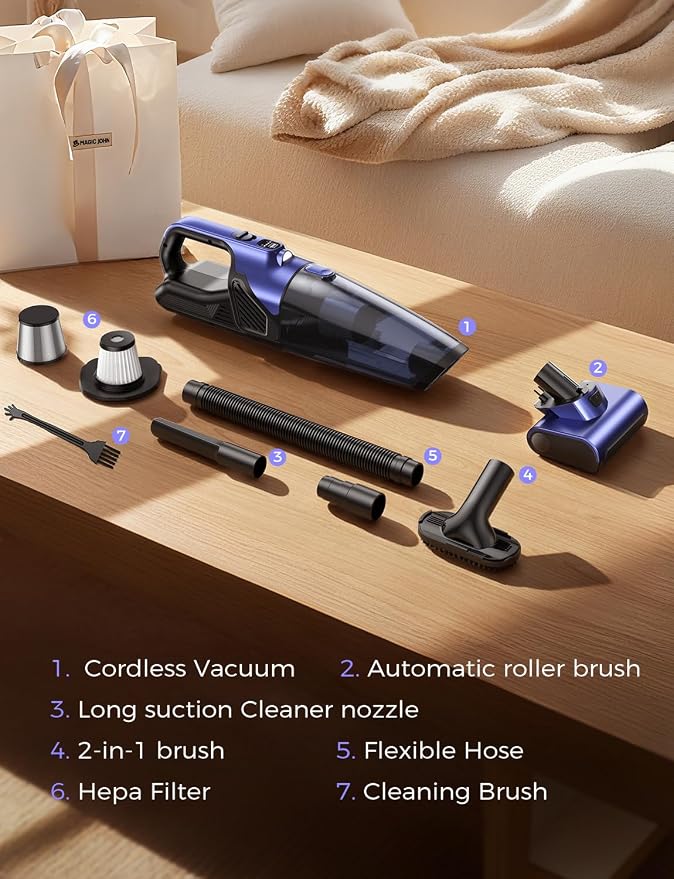 MAGIC JOHN Pet Hair Handheld Vacuum Cordless, 20000PA High Power Car Vacuum with Motorized Brush and LED Light, Rechargeable Hand Held Vacuum Cleaner with Reusable Filter for Car, Home, Office & Pet