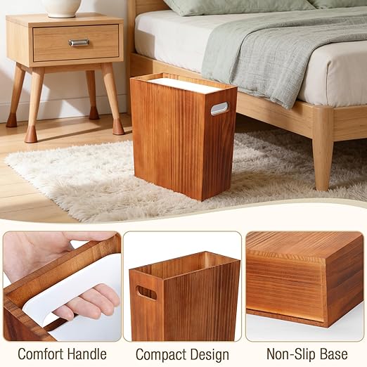 3 Gallon Wood Trash Can, Solid Wooden Trash Can with Plastic Liner, Handmade Slim Small Trash Can with Handle Fits Narrow Spaces, Decorative Wastebasket for Bathroom, Bedroom, Office, Kitchen