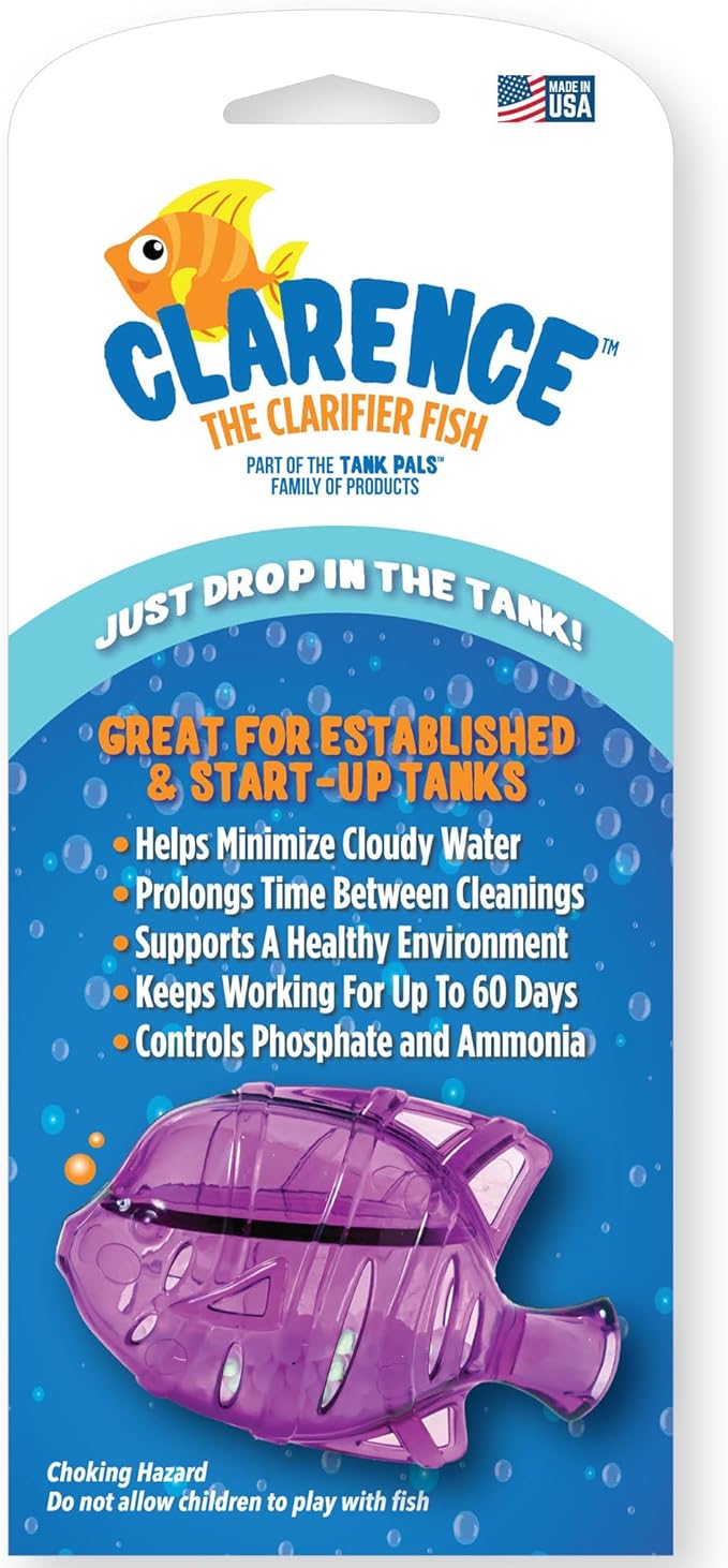 Clarence the Clarifier Fish - 1 pk, Purple - Aquarium Treatment, Clear Cloudy Fresh-Saltwater, Fish-Plant Safe, 10gal Tank Maintenance Each