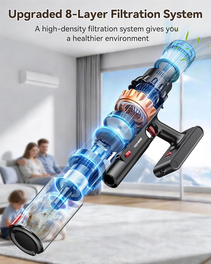 TechRise Cordless Vacuum Cleaner, 58KPA 680W 70Mins Stick Vacuum with LED Touchscreen, 3+1Smart Modes, Anti-Tangle & 8-in-1 Filter, Self-Standing Cordless Vacuum for Home/Pet Hair/Carpet/Floor