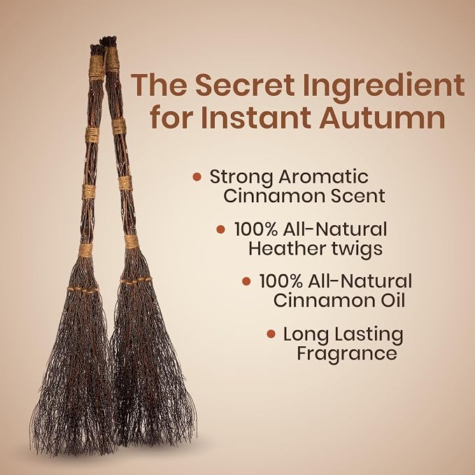 Cinnamon Twig Brooms 36in (2 Pack) - Rustic Fall Broom Decor – for Halloween Porch or Entryway - Real Stick Witch Broom Decorations Wrapped in Jute Rope - Autumn Thanksgiving Display