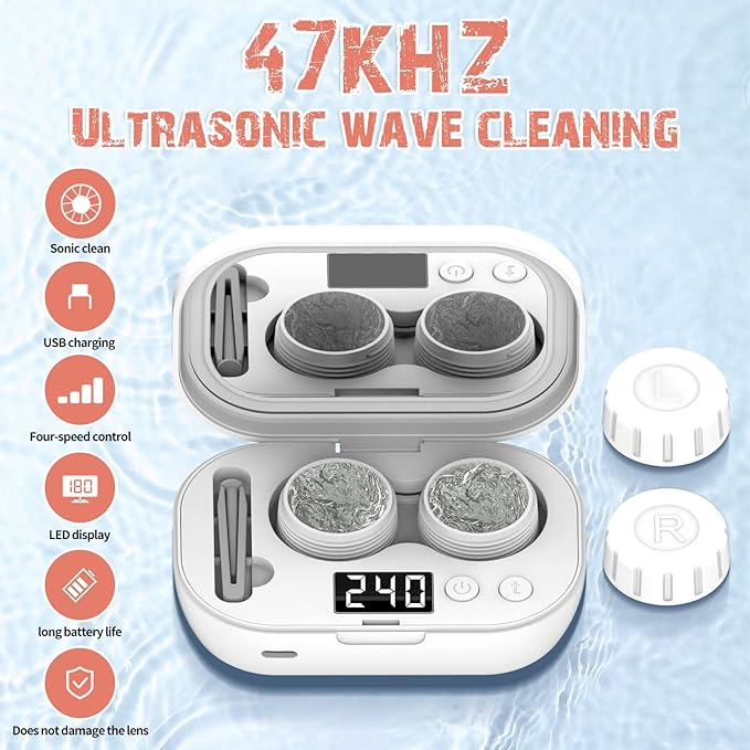 Portable Ultrasonic Contact Lens Cleaner with USB Charger - Fit Disposable Soft, Colored & RGP Lenses - Travel & Home (White)