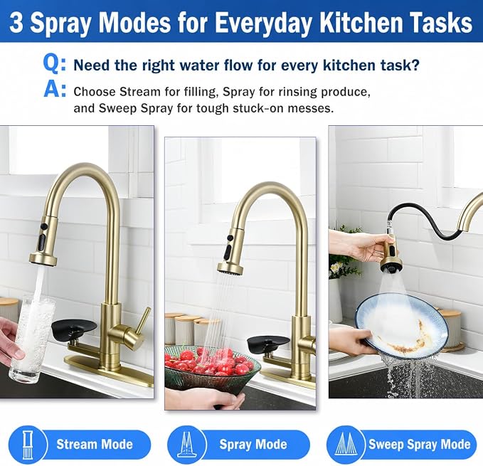 Kitchen Faucet with Glass Rinser for Sink, Pull Down Faucet with 3 Spray Modes and High Pressure Glass Rinser, Single Hole 2 in 1 High Arc Stainless Steel Kitchen Faucets (Brushed Golden)
