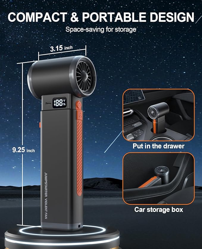 Portable Car Battery Jump Starter 6000A Jumper Box Combo Compressed Air Duster & Vacuum Cleaner Function, 12V Battery Charger Booster Power Pack with Turbo Fan, 3-Speed Blower for Snow/Leaves/Dust