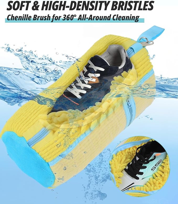 Shoe Washing Machine Bag, 2 Pack Shoe Cleaning Bag for Washer and Dryer, 360° Deep Cleaning Reusable Shoes Laundry Bags for Sneakers with Zipper Protection and Side Mesh Pouch, Yellow
