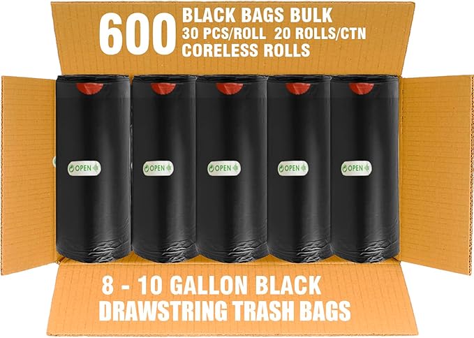 BEIDOU-PAC 8-10 Gallon Trash Bags Drawstring, 600 Count Bulk, Black & Unscented Multi-purpose Garbage Bags for Business Home Bathroom Kitchen Commercial and Industrial