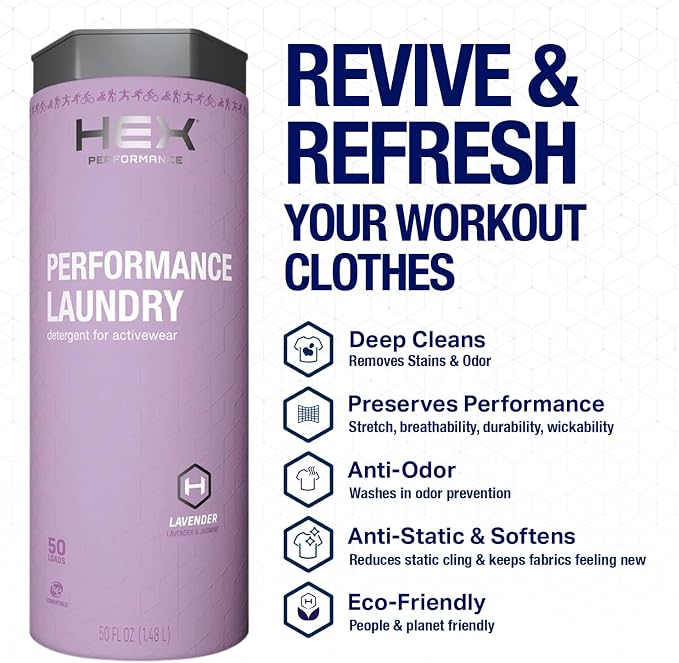 HEX Performance Laundry Detergent, Lavender Scent, 100 Loads (50ld Pack of 2) – Concentrated Activewear Detergent for Odor Removal, Sweat & Residue, HE Compatible, Eco-Friendly, Biodegradable Formula
