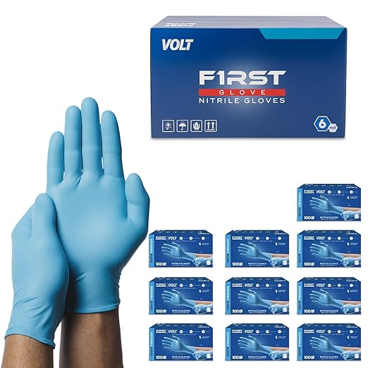 FIRST GLOVE Volt 6 Mil Blue Nitrile Disposable Gloves - 100 Count Medium - Food Safe Medical Exam Grade Gloves for Cooking & Cleaning - Latex Free, Powder Free, Textured Grip