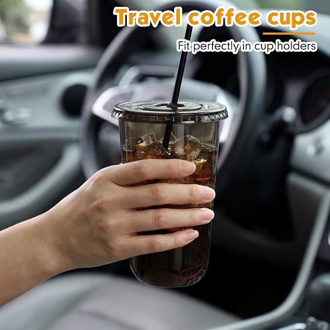 Ziliny 25 Set Black Plastic Cups with Lids and Straws, Disposable Iced Coffee PET Cups for Drinking Cold Beverage Juice Parfait Smoothie Milkshake Coffee Shops Party Supplies (18 oz)