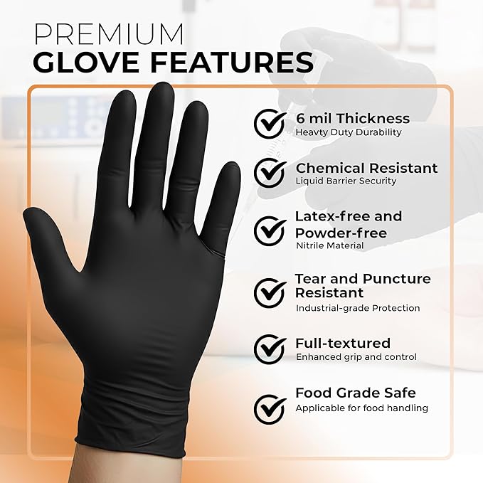 ASAP Thick Black Nitrile Gloves Disposable Latex Free - 6 Mil, Powder Free, Food Safe, Kitchen & Mechanic