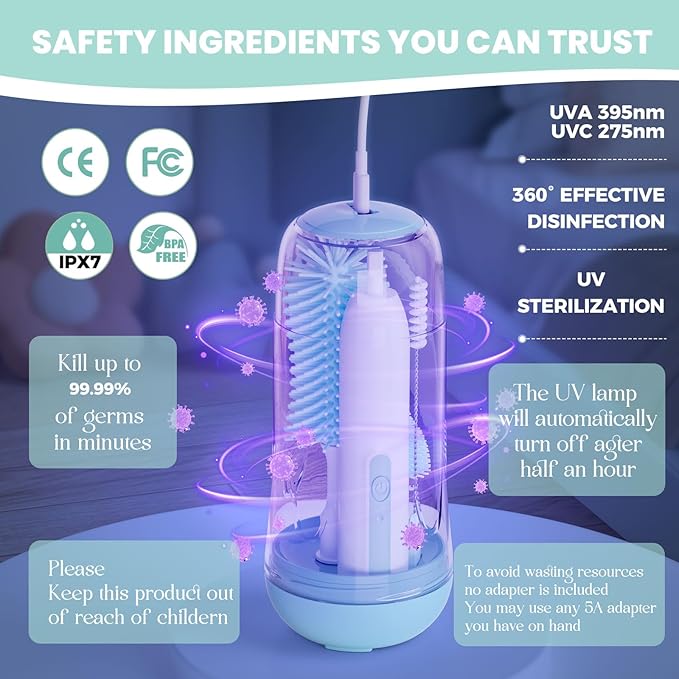 Electric Bottle Brush Cleaner,Rechargeable Baby Bottle Cleaning kit with Formula Mixer, Silicone Nipple&Straw Brush, Soap Dispenser, Drying Rack-IPX7 Waterproof,Long Battery Life for Home & Travel