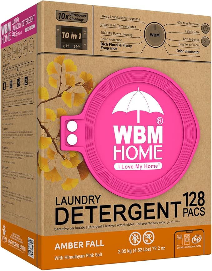 WBM Home Laundry Detergent Pods, Total 128 Count | Amber Fall Fragrance | 10 in 1 Laundry pods Detergent Ultra Power Cleaning with Plant-Based Scent, Extra Protection With 4D Stain Remover