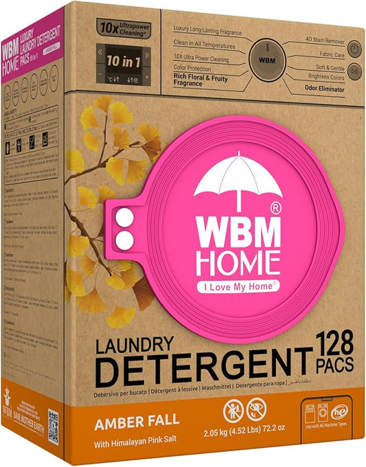WBM Home Laundry Detergent Pods, Total 128 Count | Amber Fall Fragrance | 10 in 1 Laundry pods Detergent Ultra Power Cleaning with Plant-Based Scent, Extra Protection With 4D Stain Remover