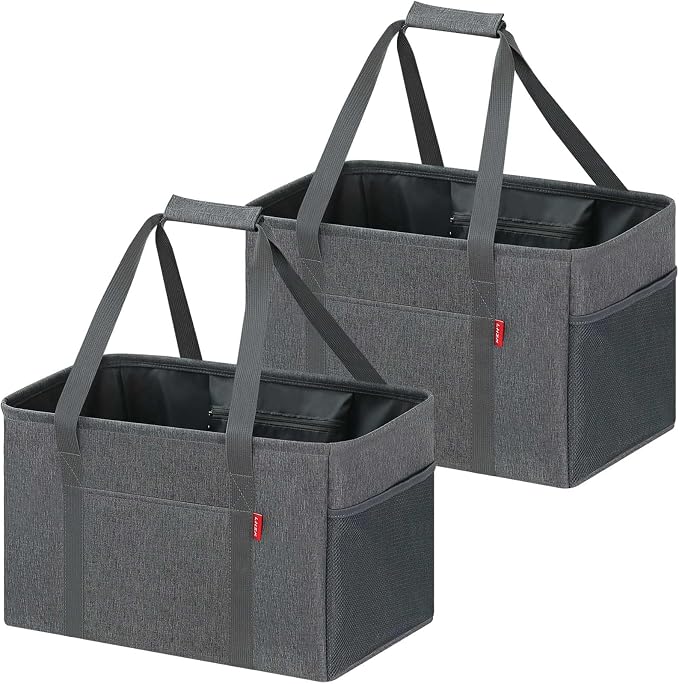 LHZK 2 Pack Utility Tote Bag with Metal Wire Frame and the Sides Rinforced, Large Tote Bag with Handle, Reusable Grocery Bags Foldable, Beach Bag, Car Tote (Grey, 18.5''x11.8''x11.5'')