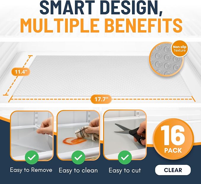 Refrigerator Liners for Shelves (16 Pack) by Linda’s Essentials - Non-Adhesive Shelf or Drawer Liner, BPA-Free Fridge Mats for Kitchen & Cabinets, Easy to Clean, Ideal Household Essentials (Clear)