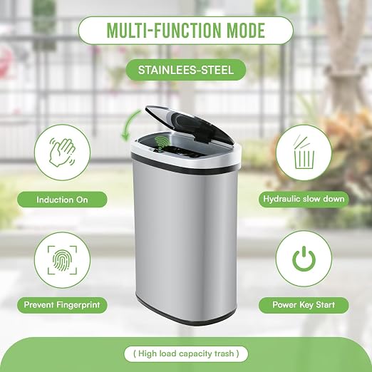 24/7 Shop at Home Freeway 13 Gallon Metal Household Trash Can Motion Sensor Lid for Kitchen, Silver