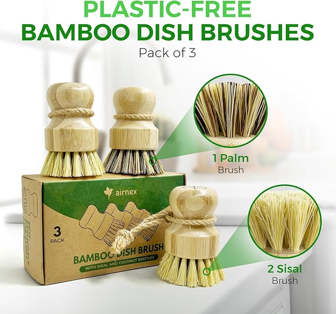 Bamboo Dish Brush Set of 3 and Scouring Pad Dish Washing Scrubbers Pack of 12 - Coconut Fiber Scrubbers with 100% Plant-Based Kitchen Dish Brush Bamboo with Sisal and Coconut Bristles, 2 Brush Types