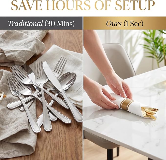 Liacere 400PCS Gold Plastic Silverware - Pre Rolled Napkins Disposable Gold Plastic Cutlery-Premium Quality Utensils-Includes 100Forks,100Knives,100Spoons,100 Napkins & Birthday Party &Events
