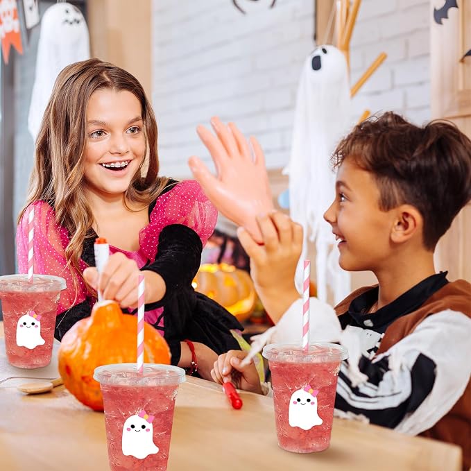 Whaline 50 Pcs Halloween Disposable Plastic Cups with Lids and Straws Cute Pink White Ghost Cold Beverage Drinking Cups for Trick or Treat Birthday Party Supplies