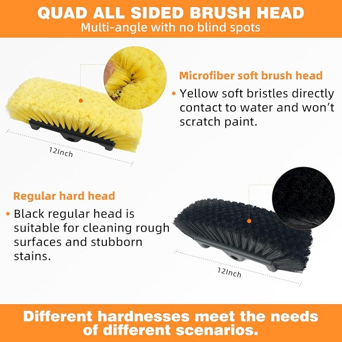 12FT Car Wash Brush with Long Handle Aluminium Telescoping Pole Angle Adapter with 2 Pcs 12" Soft and Hard Bristle Scratch-Free for Cleaning Car Truck RV House Floor Window Roof Solar Panels