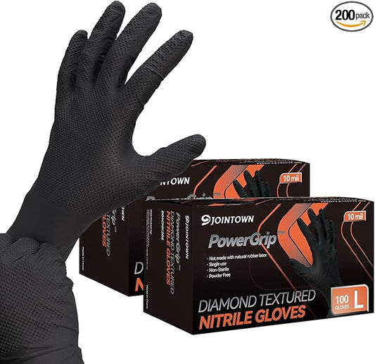 Jointown Upgraded 10 Mil Heavy Duty Nitrile Gloves, Mechanic Gloves Nitrile Disposable, with Raised Diamond Texture, Case of 200, Black, Large