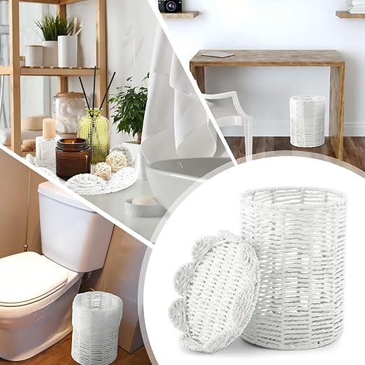 Ctosree 1.3 Gallons Small Wicker Trash Can with Lid Handle Woven Wicker Rattan Bathroom Waste Basket Boho Trash Basket with 100 Plastic Garbage Bags for Bedroom Office Laundry (Scalloped Style, White)